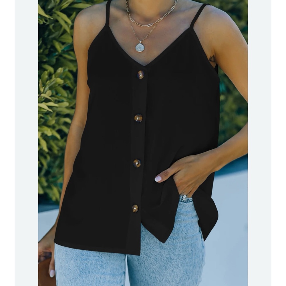 Black Button Down V Neck Cami Tank Top Size Medium